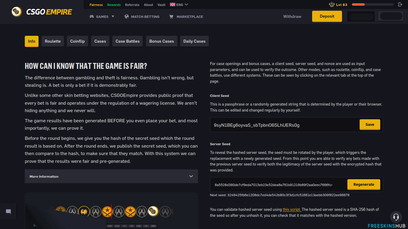 Screenshot showing a Provably Fair system example on CSGOEmpire